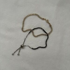 Black Pearl Tennis Lot 2 Bracelet Set Black Silver Gold Tone Faux Pearl Delicate